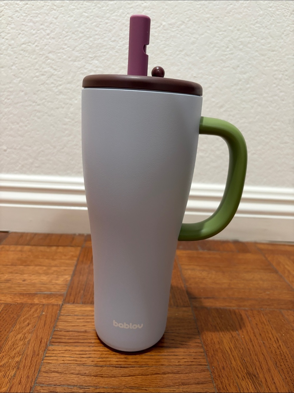 Bablov baby blue with Sage Green Handle Insulated Travel Mug with Lavender Straw